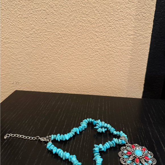 Turquoise and Red Floral Pendant Necklace - Picture 6 of 9